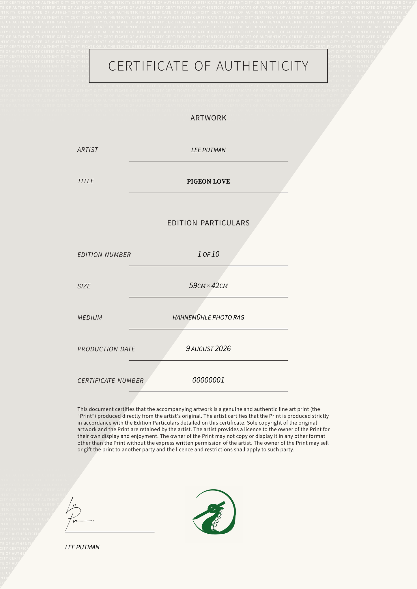 Pigeon Love — Certificate of Authenticity