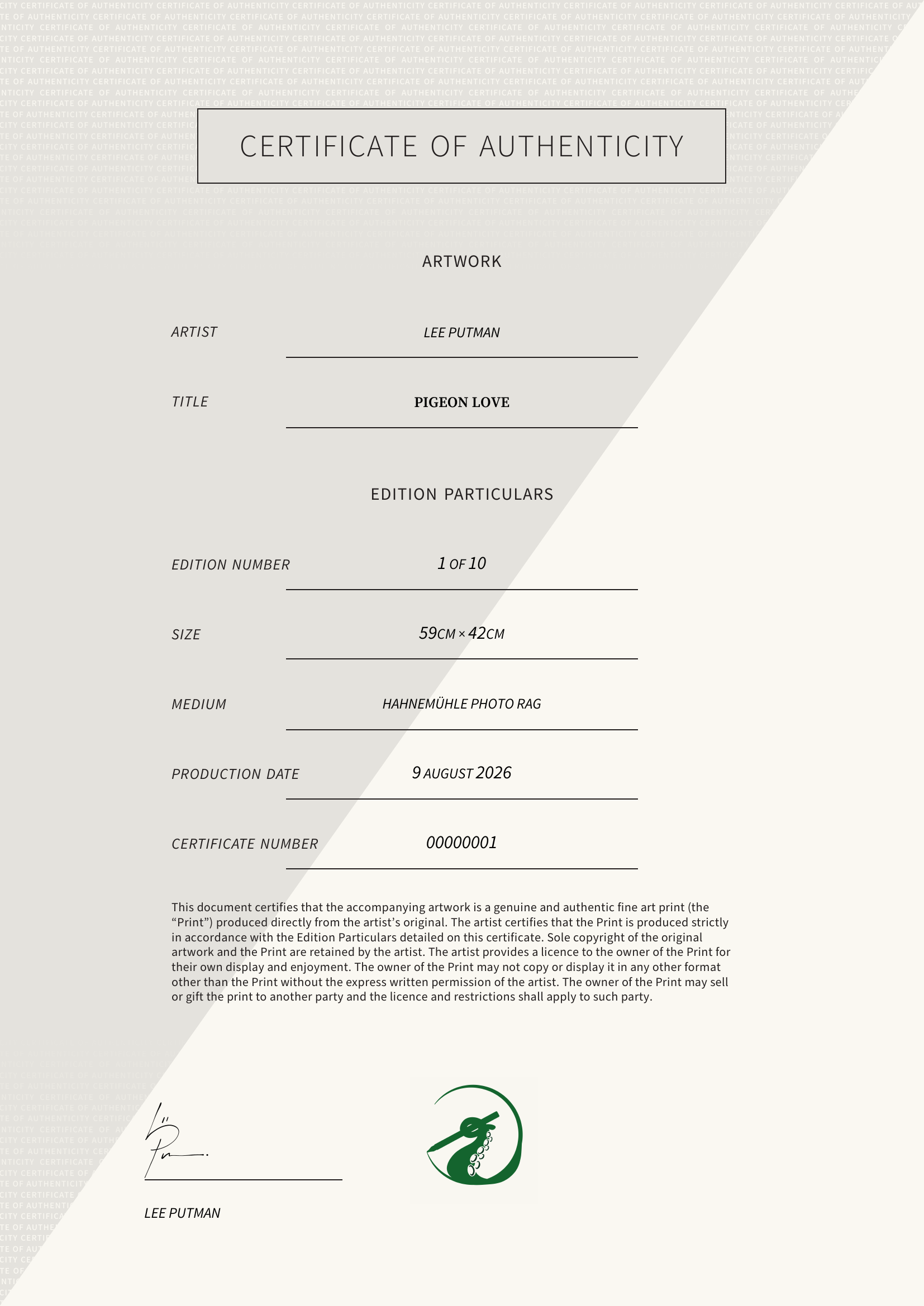 Pigeon Love — Certificate of Authenticity